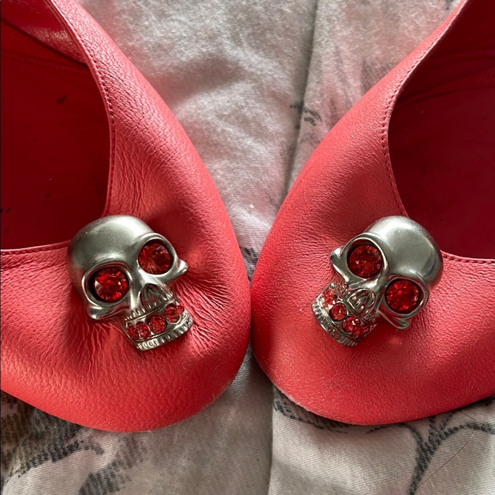 Alexander Mqueen Red Flats with Silver Skull Accents